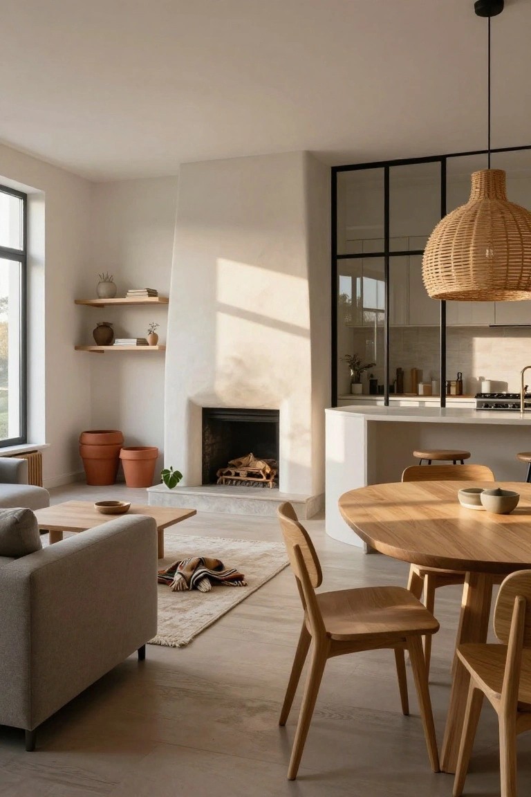 Open-plan living and kitchen interior with white curved island, round wooden dining table and chairs, gray sofa, plaster fireplace with fire, terracotta pots, and large windows.