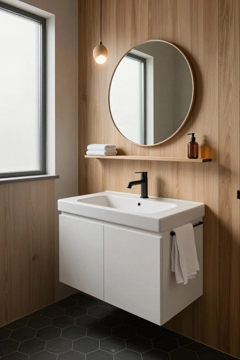A compact bathroom with light vertical wood paneling on the walls, white floating vanity and sink with black faucet, round brass mirror on wood shelf with soap dispenser and towels, and black hexagonal floor tiles.