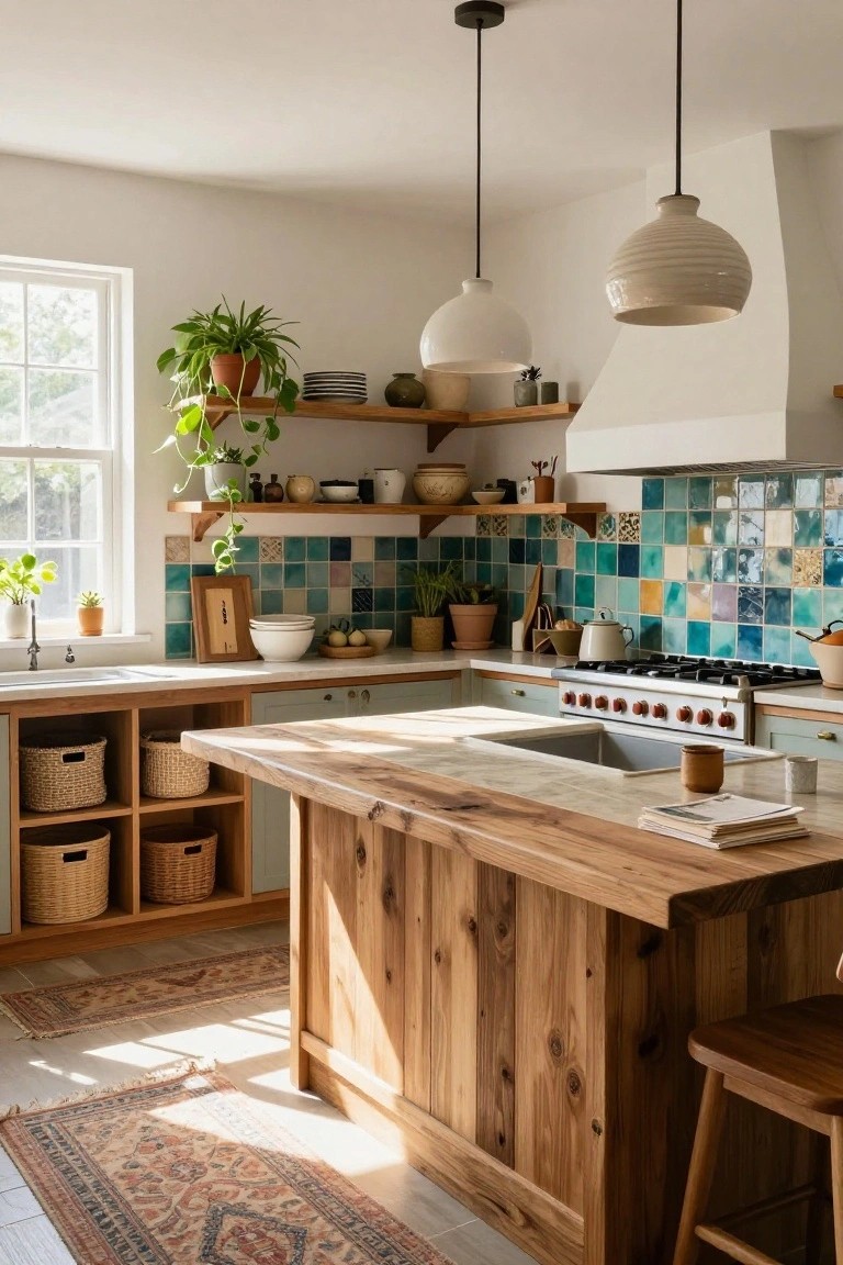 Kitchen interior with wooden center island, open shelves holding wicker baskets and plants, blue and green patterned tile backsplash, white cabinets, pendant lights, and a window with natural light.
