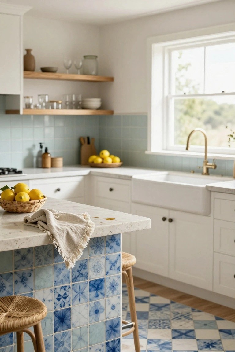 White shaker-style kitchen cabinets with blue patterned tiles covering the island pedestal and floor, rattan bar stools, farmhouse sink with gold faucet, and baskets of lemons on the marble-look countertop.