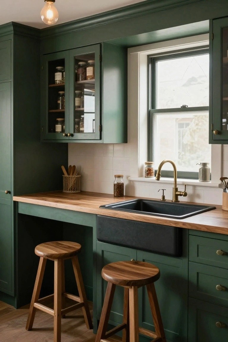 Kitchen interior with dark green shaker-style cabinets, light wood butcher block countertop and island, black farmhouse sink, brass faucet, wooden bar stools, and jars on open shelves.