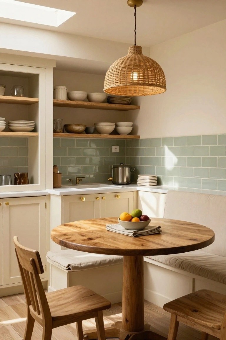 Light cream kitchen with open wood shelves, sage green subway tile backsplash, round wooden pedestal table, wooden chairs, built-in cushioned bench, and rattan pendant light overhead.