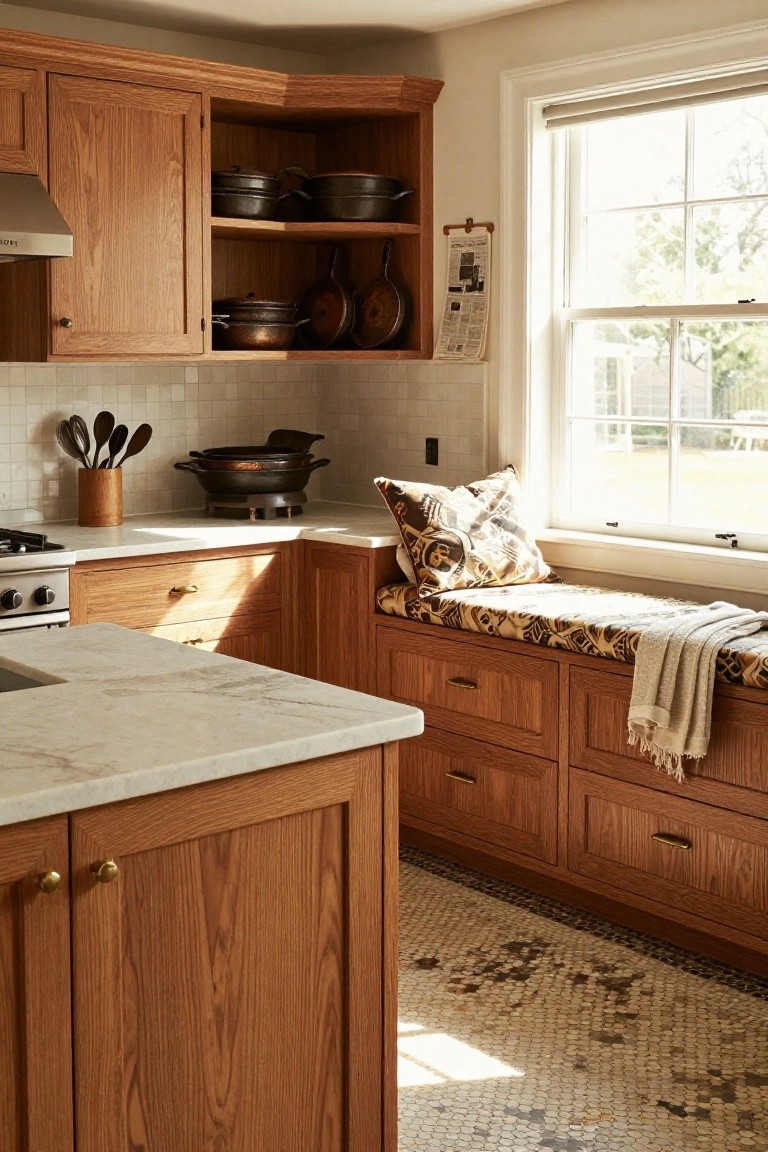Kitchen corner with oak cabinets, white subway tile backsplash, built-in wooden window bench topped with patterned cushion and beige throw blanket, open shelves holding copper pots, and window view of yard.