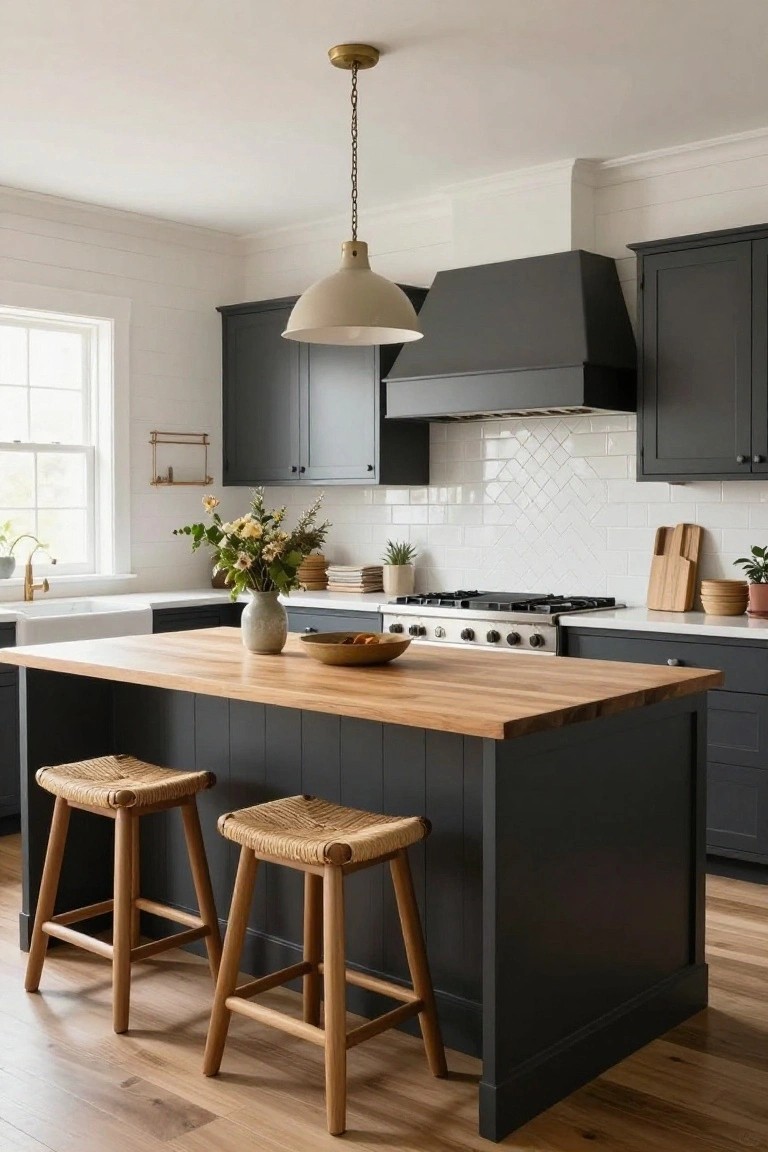 A cozy kitchen with dark navy cabinets, white subway tile backsplash, farmhouse sink, gas range, central island topped with butcher block and two wood stools with rattan seats, pendant light overhead, and hardwood floors.