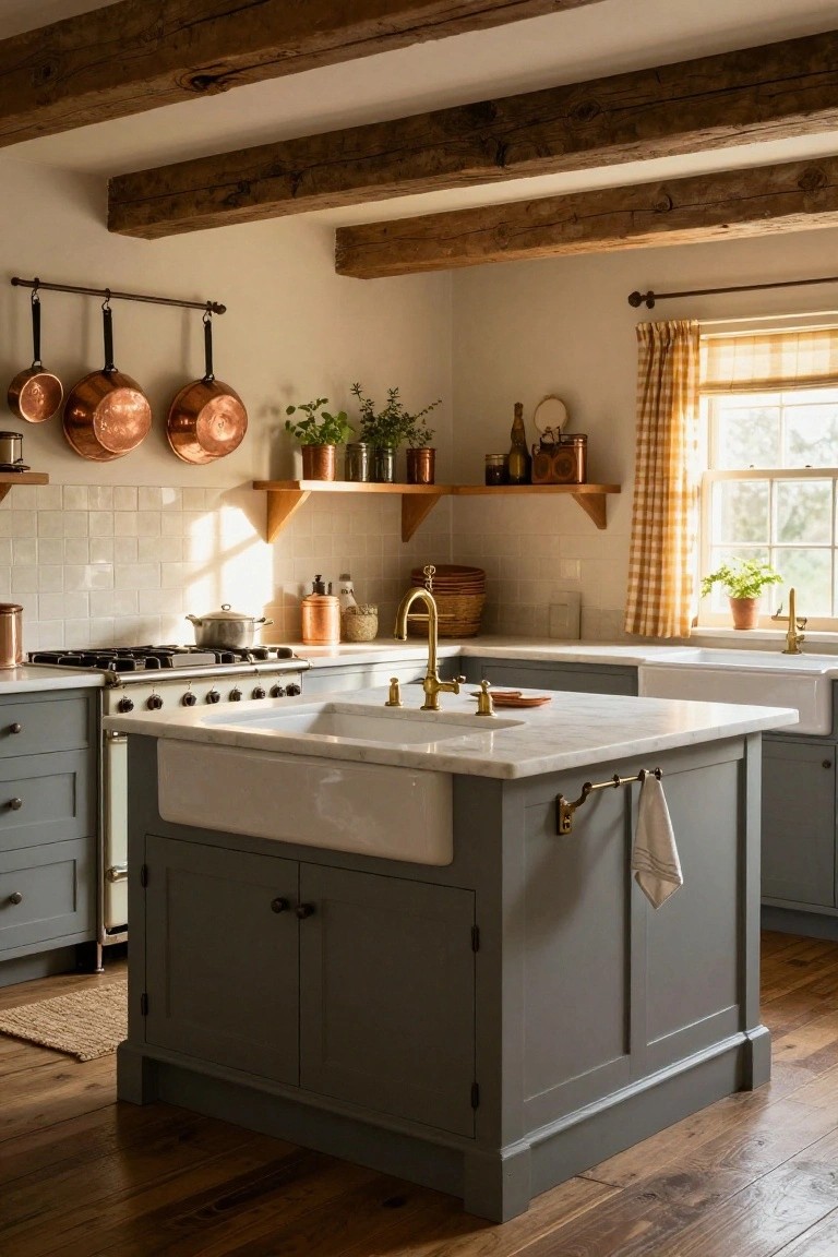 A cozy kitchen interior with dark exposed wooden beams on the ceiling, hanging copper pots on a wall rack, gray painted cabinets, white subway tile backsplash, brass faucets, a white farmhouse sink in a gray island unit, and wide wooden floorboards.