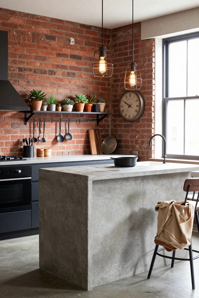 Modern kitchen interior with exposed red brick feature wall, black cabinets, concrete island countertop, hanging pendant lights, potted plants on shelves, and utensils.
