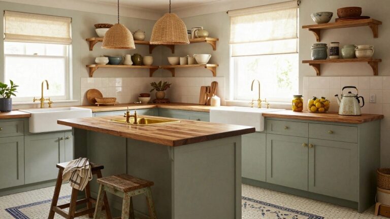 A cozy kitchen interior with sage green lower cabinets and island, wooden butcher block countertop and stool, rattan pendant lights, white subway tile backsplash, open wood shelves with pottery, and blue patterned tile floor.