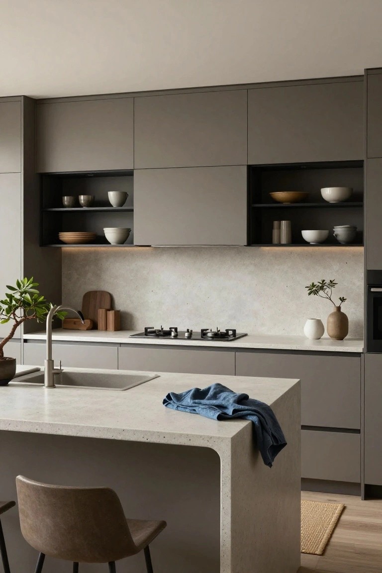 Modern kitchen with matte gray flat-panel cabinets, light veined stone countertops and backsplash, integrated sink on curved waterfall island, gas cooktop, potted plants, wood boards, ceramics on open shelves, and a brown leather bar stool.