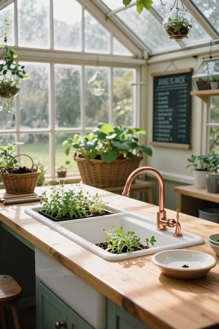Bright kitchen inside a glass-walled conservatory with wooden counters, white farmhouse sink containing potted herbs, hanging plants, wicker baskets, and a chalkboard labeled 