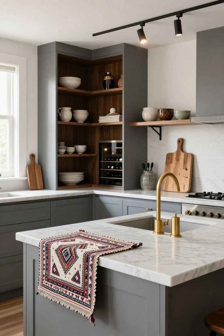 Gray kitchen island with white marble countertop draped in a multicolored fringed runner, brass faucet at the sink, and gray cabinets underneath.