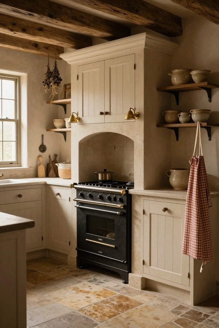 Cozy kitchen interior with black range cooker in a pale arched masonry surround, cream cabinets, exposed wooden ceiling beams, pottery on shelves, and terracotta tile floor.