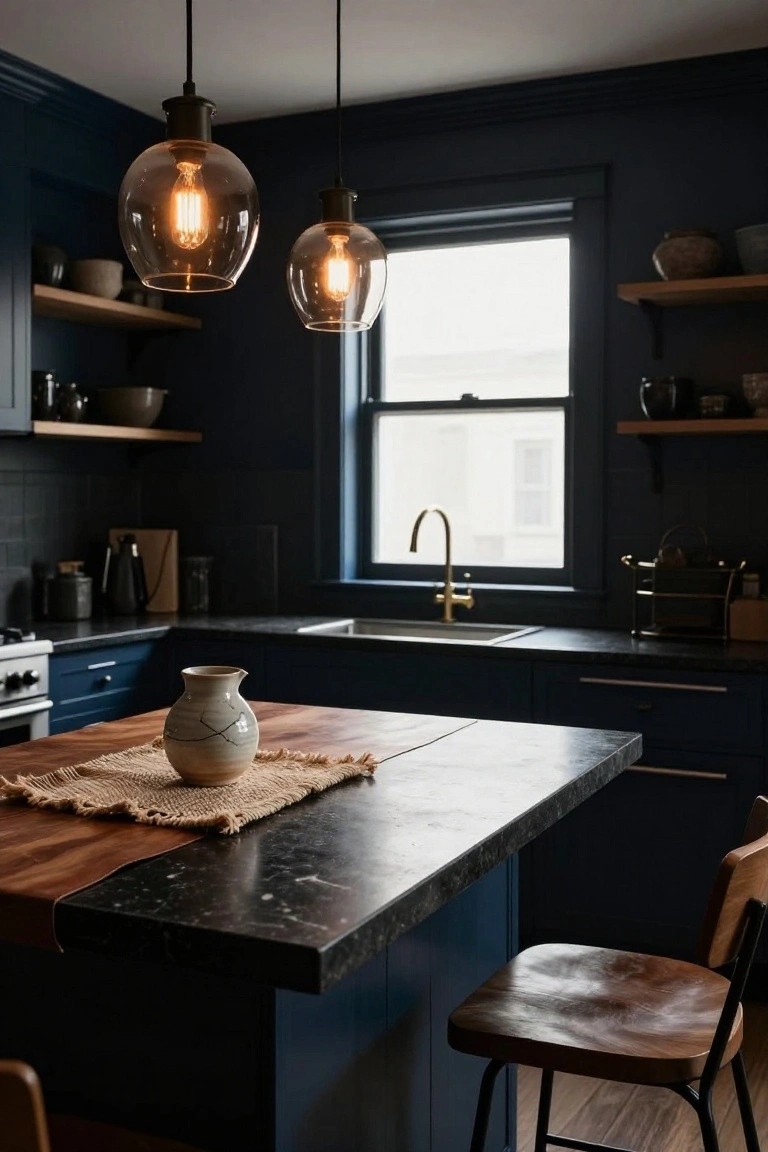 Kitchen interior with deep navy blue cabinets, black marble countertop edged in wood, wooden bar stools, brass faucet, glass pendant lights, open wooden shelves holding pottery, and a window letting in natural light.