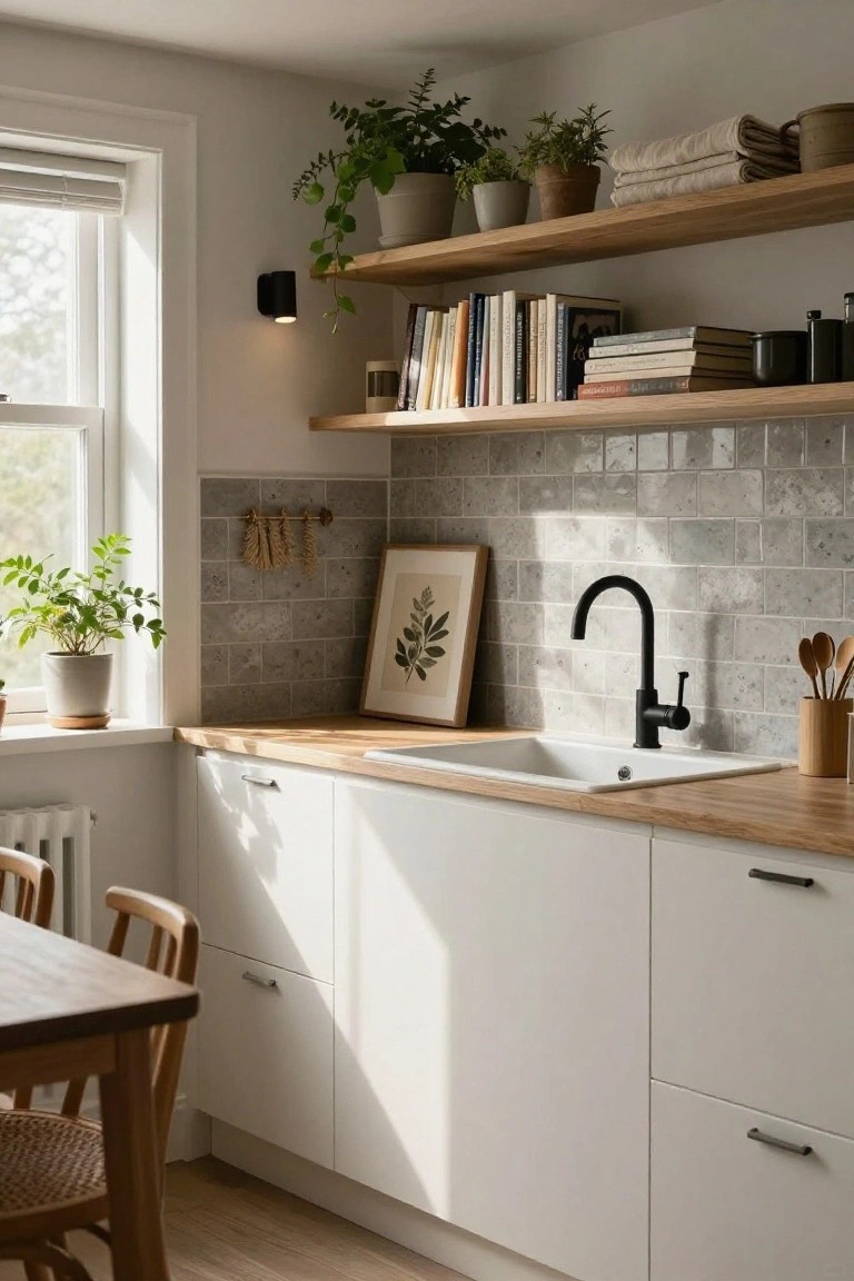 Bright kitchen corner featuring white lower cabinets, oak open shelves above stocked with books, potted plants, ceramics, and jars, gray subway tile backsplash, black matte faucet over white sink, wood countertop, and window with plants.