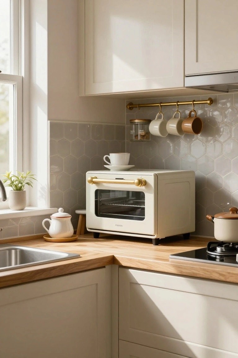 Corner of a light-filled kitchen with creamy white shaker cabinets, oak wood countertops, gray hexagonal tile backsplash, a white retro-style countertop toaster oven with gold handles, brass hanging rail with ceramic mugs, and beige pottery on the counter.