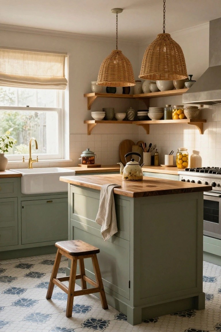 A cozy kitchen interior with sage green lower cabinets and island, wooden butcher block countertop and stool, rattan pendant lights, white subway tile backsplash, open wood shelves with pottery, and blue patterned tile floor.