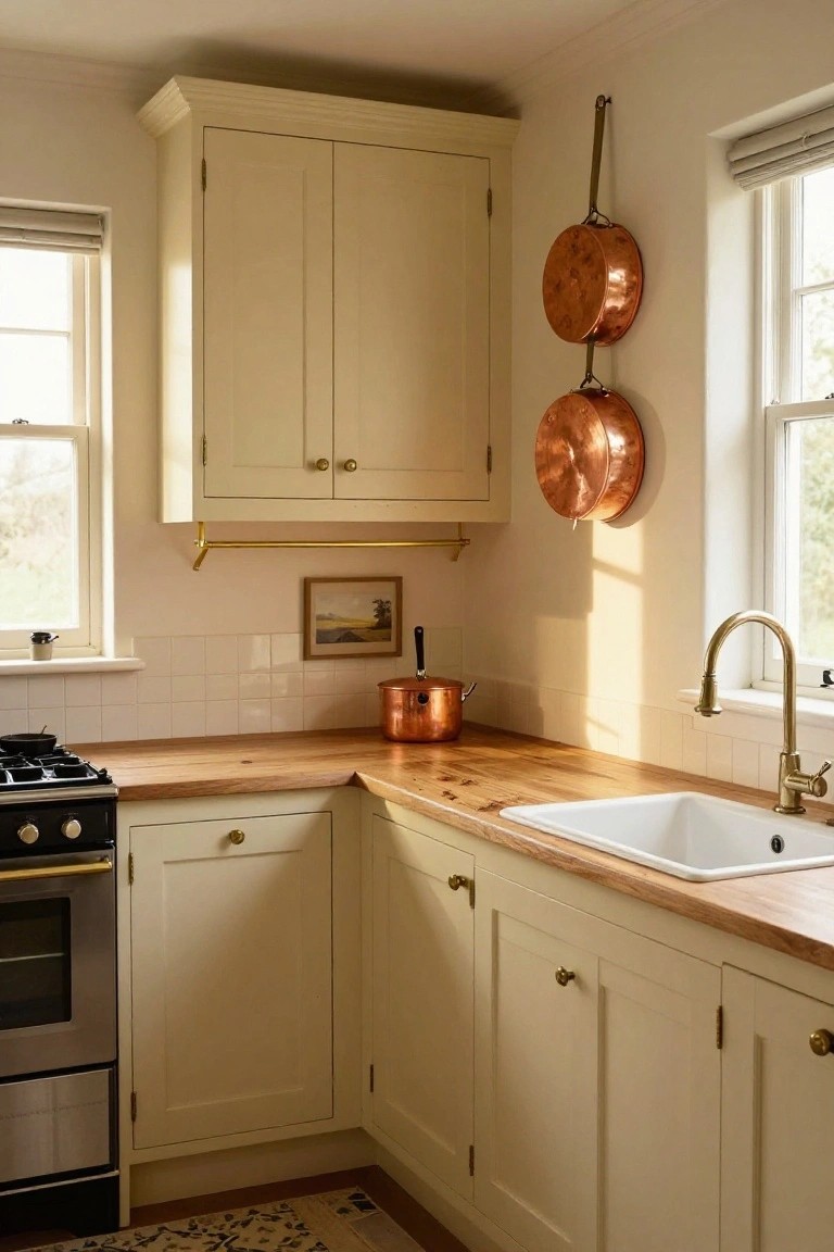 Corner kitchen with cream Shaker-style cabinets, oak wood countertops, white farmhouse sink, brass faucet and hardware, two hanging copper pots, and windows with blinds on two walls.