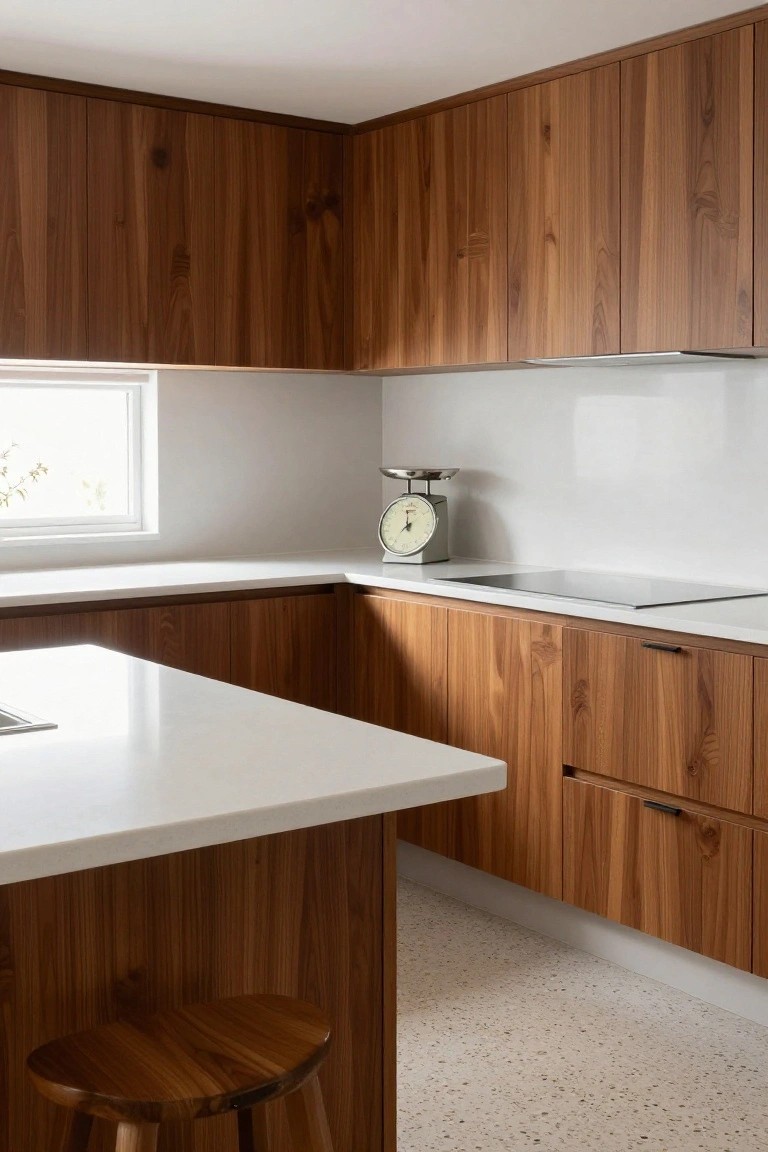 Modern L-shaped kitchen with vertical grain walnut cabinets, white quartz countertops and island, induction cooktop, analog kitchen scale, and wooden stool on terrazzo floor.