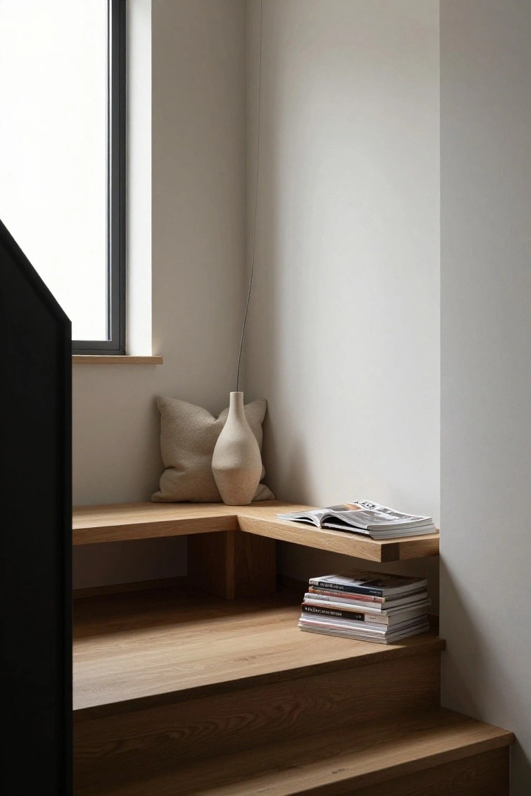 Oak staircase with built-in corner bench and shelf holding stacked magazines and books, beige vase and pillow beside it, large window in a white interior.