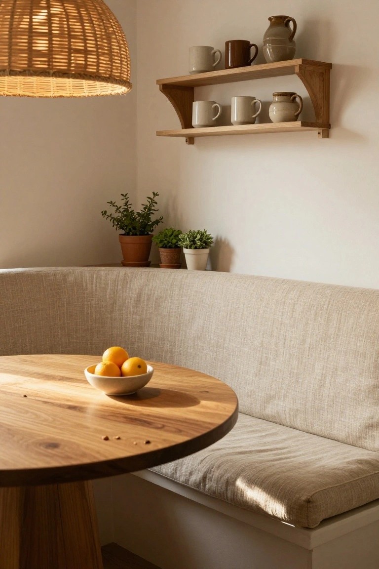 Beige upholstered booth seat in a kitchen corner beside a round wooden table with a white bowl of oranges, wooden wall shelves holding white and brown mugs and jugs, potted plants on the floor, and a rattan pendant lamp overhead.