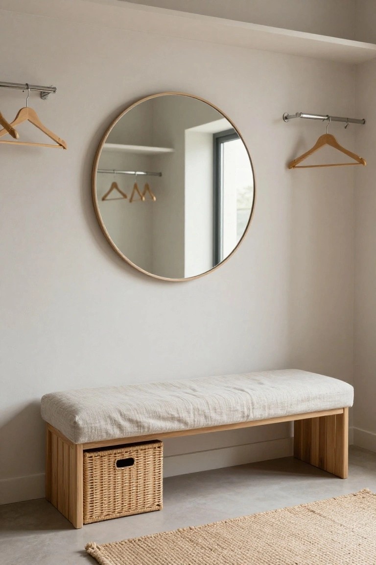 Minimalist entryway with round mirror, wooden bench, woven basket, and hangers.