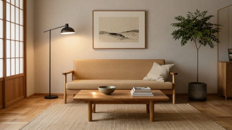 A minimalist beige living room with a low rattan-backed linen sofa, wooden coffee table holding a ceramic bowl and stacked books, black arc floor lamp, large potted fiddle leaf fig tree beside shoji sliding doors, ink landscape artwork on wall, and seagrass rug on wood floor.