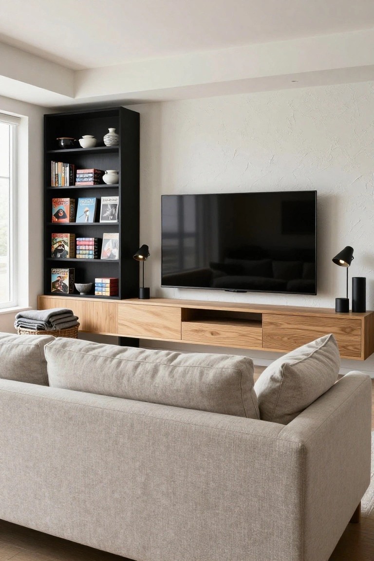 A living room interior shows a light gray fabric sofa, tall black bookshelf with books and ceramics, floating light oak media console with drawers under a wall-mounted black TV, black lamps, and white textured walls.