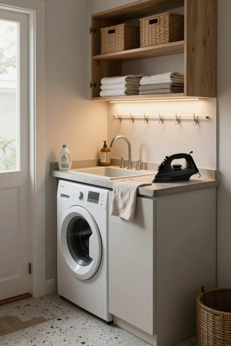 A compact laundry room with a white front-loading washer under a countertop sink, black iron on the counter, open oak shelves holding wicker baskets and folded towels, wall hooks, soap bottles, and a wicker basket on the speckled floor.