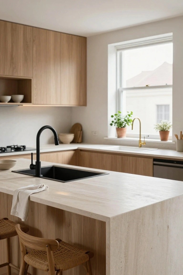 Modern kitchen interior with light oak veneer cabinets, black matte sink and gooseneck faucet in a black undermount sink on a white stone island countertop, two rattan bar stools, and potted plants near a window.