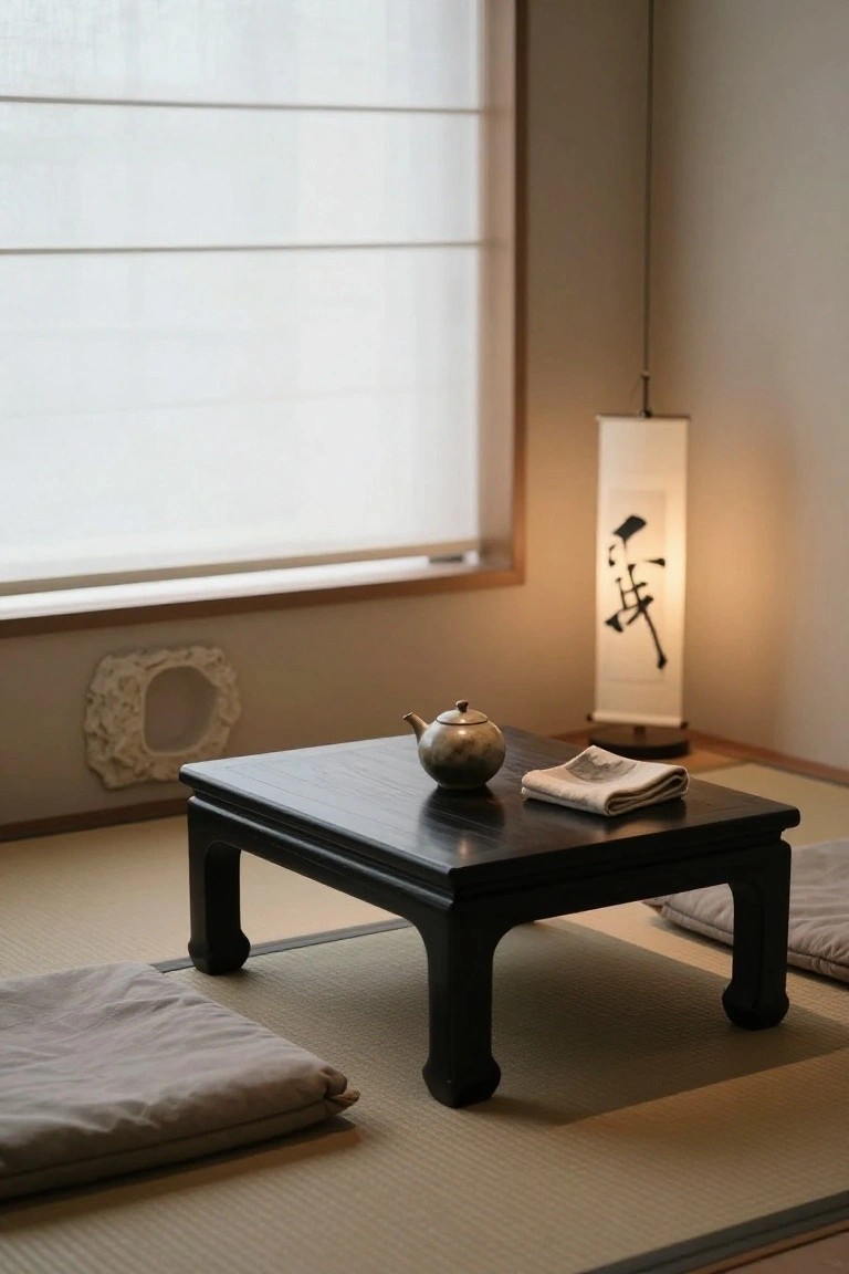 Black lacquered low table with metal teapot and folded cloth on beige tatami mats in a Japanese room, flanked by cushions, with shoji screens, paper lantern, and wall decor.