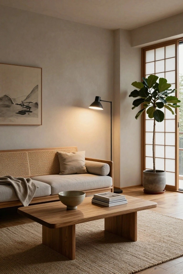 A minimalist beige living room with a low rattan-backed linen sofa, wooden coffee table holding a ceramic bowl and stacked books, black arc floor lamp, large potted fiddle leaf fig tree beside shoji sliding doors, ink landscape artwork on wall, and seagrass rug on wood floor.