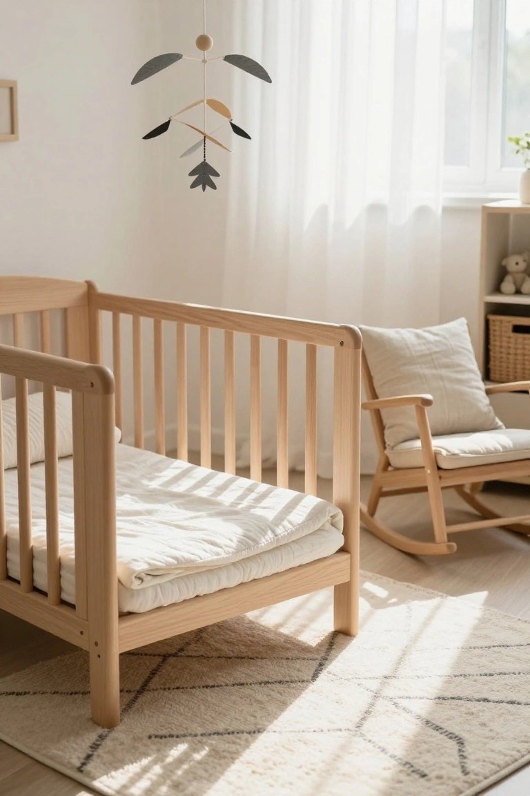 A minimalist nursery with a light wooden crib containing white bedding, a matching wooden rocking chair with beige cushions, a hanging mobile with paper shapes, white sheer curtains on a window, shelves with toys, and a woven rug on a light floor.