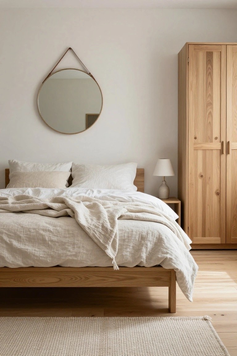 A minimalist bedroom with a low oak bed frame covered in white linen bedding and pillows, tall oak wardrobe, round mirror hung by leather strap on white wall, bedside lamp on oak table, light wood floor, and white rug.