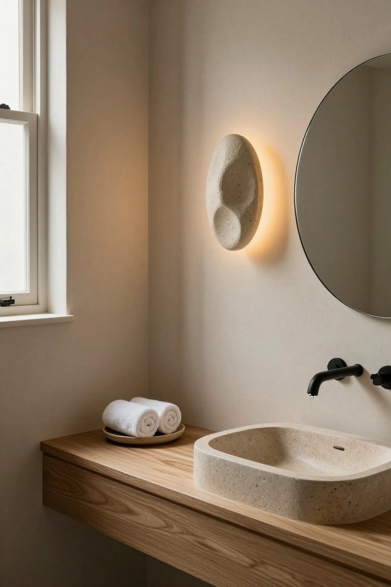 Minimalist bathroom vanity of light oak wood with integrated rectangular beige stone sink, matte black faucet, folded white towels on a plate, round black-framed mirror, organic beige stone wall sconce, and window in beige-walled corner.