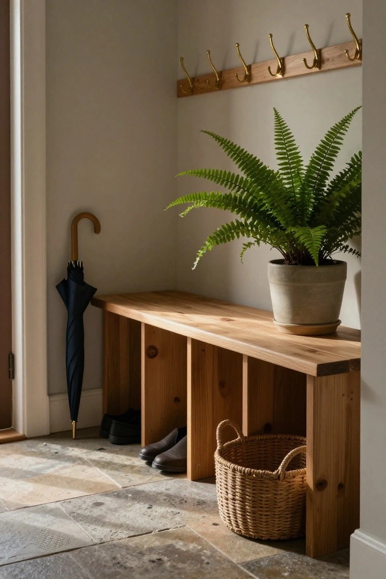 Wooden entry bench with built-in cubbies holding shoes and a woven basket, umbrella leaning nearby, potted fern plant beside it, and brass coat hooks mounted on the wall above, in a light hallway with stone tile floor.
