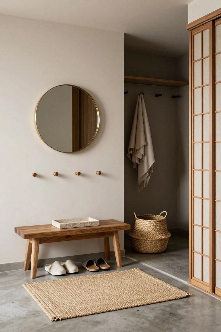Minimalist entryway interior with wooden bench holding stone tray, shoes below, four wooden wall hooks, gold round mirror, hanging beige towel on open shoji closet, wicker basket, and seagrass rug on concrete floor.