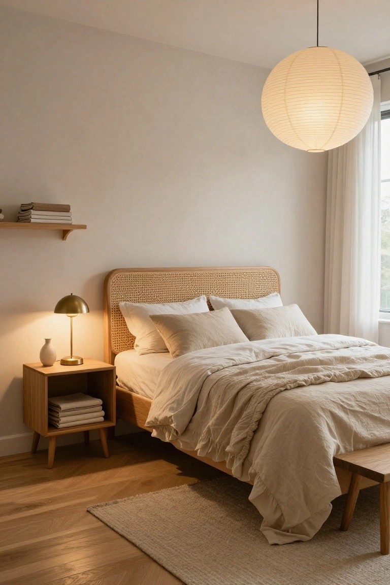 Bedroom with rattan headboard on a low wooden bed frame, neutral linens, wooden nightstand holding lamp vase and stacked towels, floating wooden shelf with books, large paper lantern ceiling light, white rug on oak wood floor, sheer curtains at window.