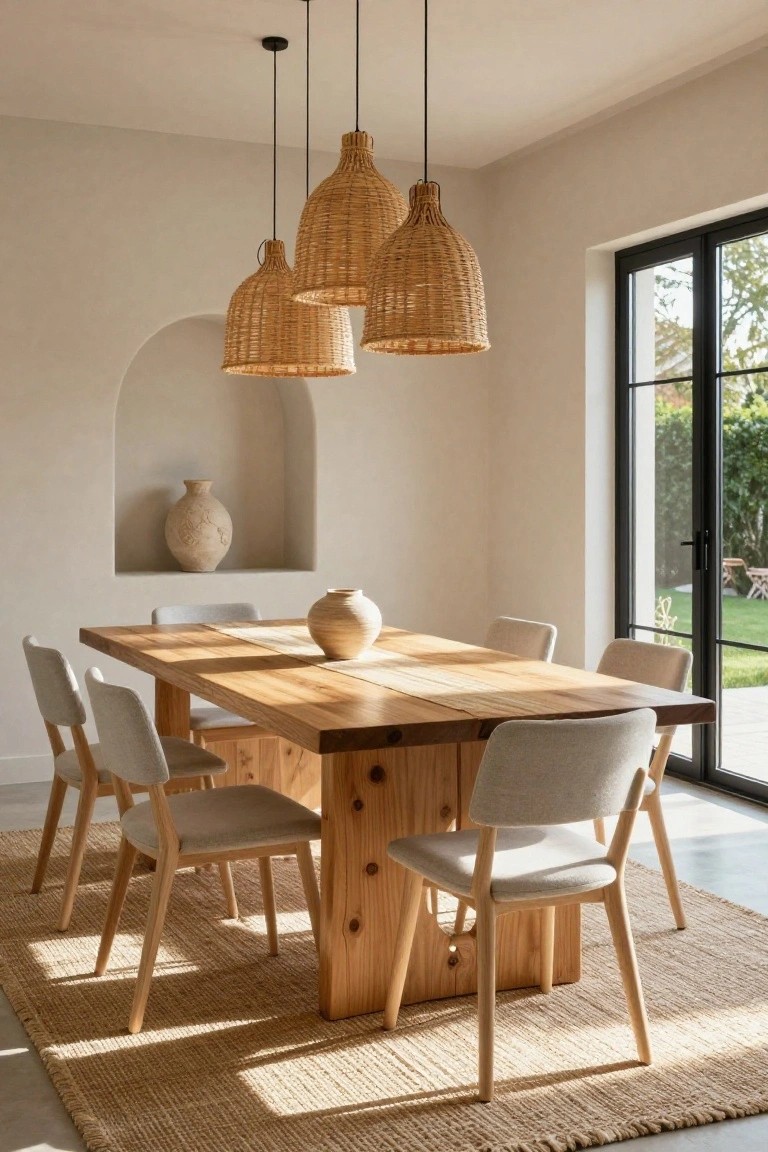Sunlit dining room with rectangular wooden table, six light upholstered chairs, three hanging rattan pendant lights, arched wall niche holding a terracotta vase, and black-framed sliding glass doors to backyard garden.