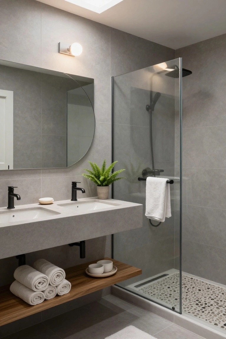 Modern bathroom featuring gray textured tile walls, a floating double sink vanity with matte black faucets, a wooden shelf below holding rolled white towels, potted plants on the vanity, and a glass shower enclosure with pebble tile floor.