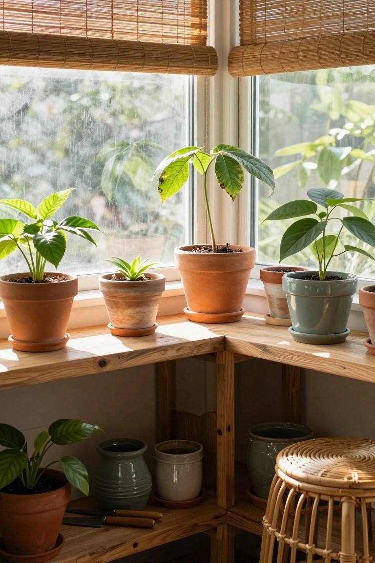 Corner wooden shelf by a window with various potted houseplants in terracotta, ceramic, and glazed pots, bamboo blinds partially drawn, and a rattan stool below.