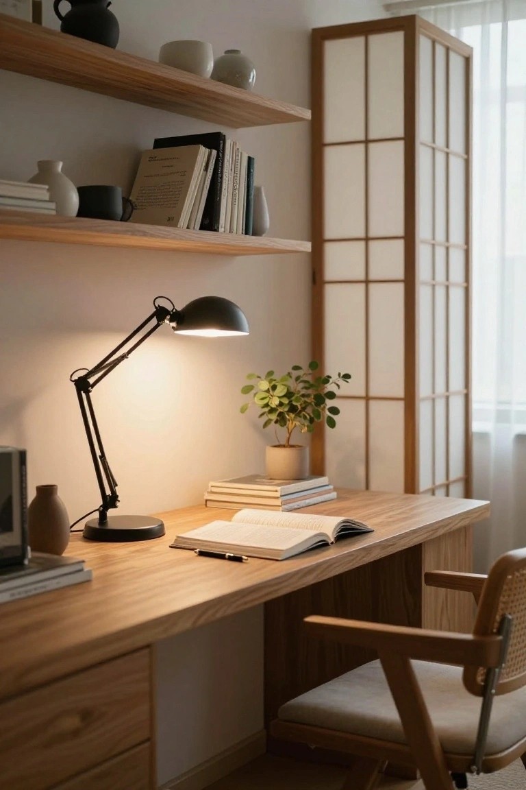 Minimalist interior of a wooden desk with drawers, lit adjustable black desk lamp, open books, stacked papers, potted plant, wooden shelves with books and ceramics, shoji screen divider, and rattan chair.