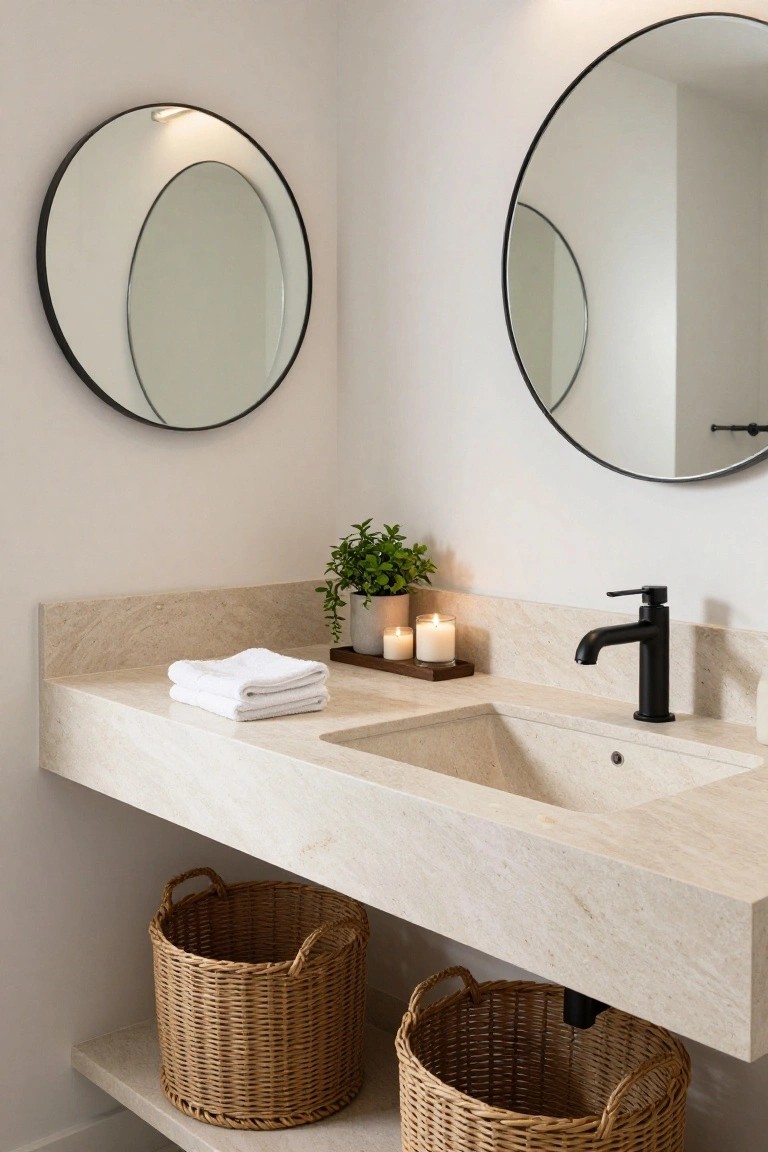 A floating beige stone vanity with integrated sink and black faucet in a white bathroom, topped with stacked white towels, potted plant, and candles, wicker baskets stored underneath, and two round black-framed mirrors on the walls.