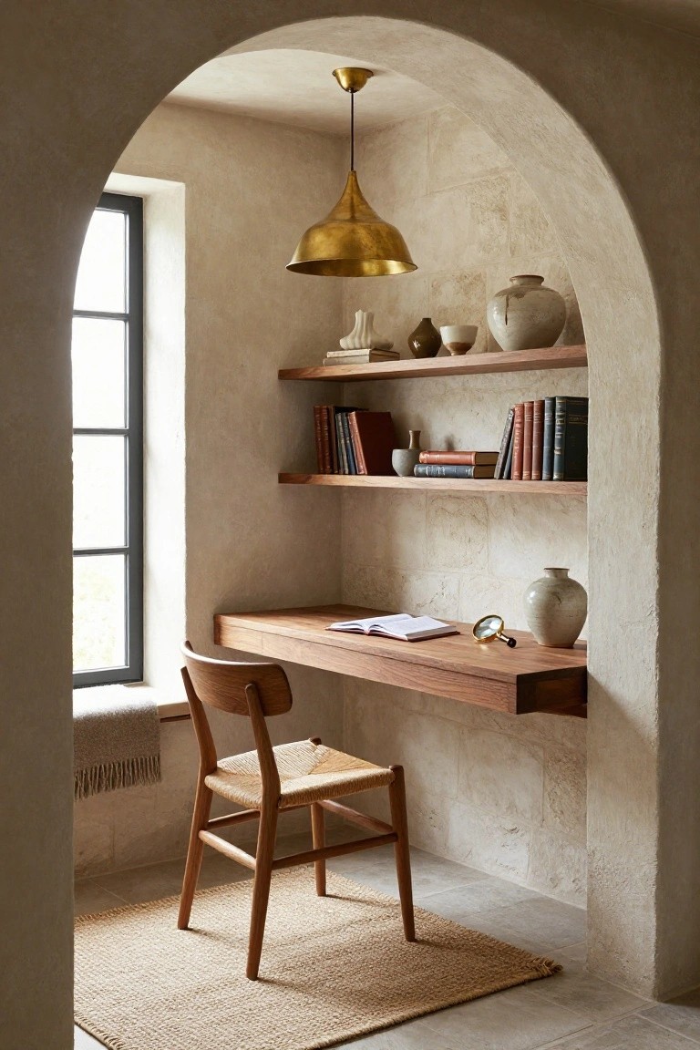 Arched beige stucco alcove containing a floating wooden desk with open notebook and magnifying glass, wooden chair with rush seat, floating shelves with books and ceramics, brass pendant light, and black-framed window.