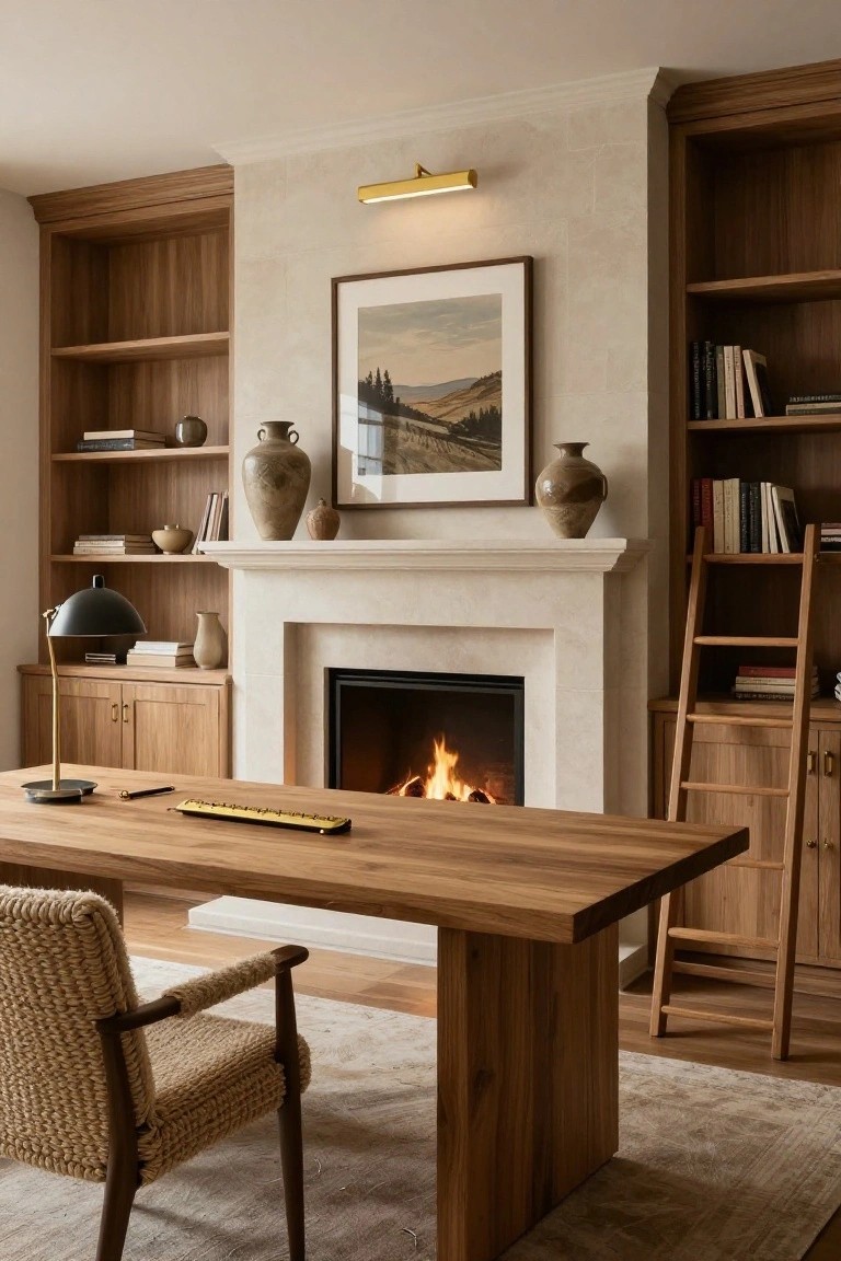 Home office with a wooden desk in front of a lit fireplace, flanked by tall wooden built-in bookshelves and cabinets, a rattan chair, and a wooden library ladder on beige stone walls.