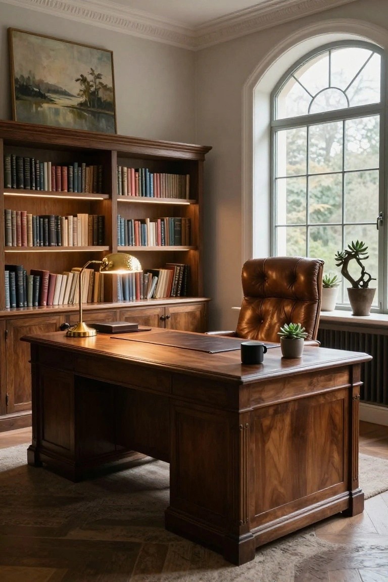 Home office interior with large polished wooden desk, brown leather armchair, built-in wooden bookshelves filled with books, brass desk lamp, potted plants, and arched window with view of trees.