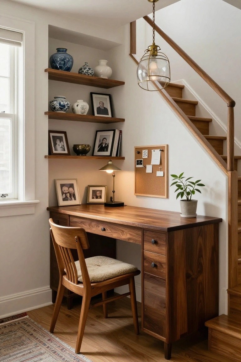 Wooden desk and chair in a nook under wooden stairs, with walnut shelves displaying blue and white ceramic vases, framed photos, a desk lamp, corkboard, potted plant, and nearby window in white-walled room.