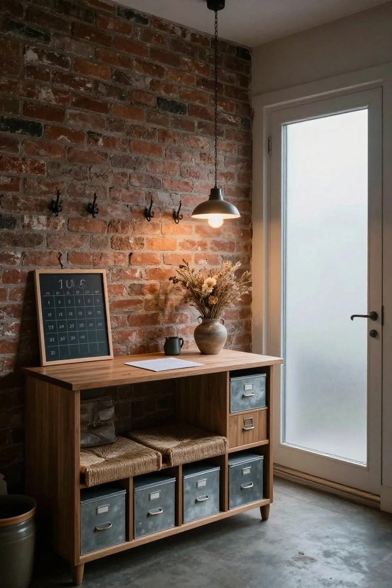 Wooden console table with metal storage bins, rattan bench seats, and drawers against an exposed brick wall, beside a frosted glass door, with a chalkboard calendar, potted plant, and pendant light.