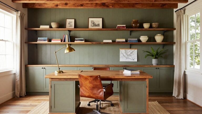 Home office interior featuring exposed wooden beam ceiling, sage green paneled walls, wooden desk with leather chairs, floating shelves with books and pottery, a fern plant, and a large map poster.