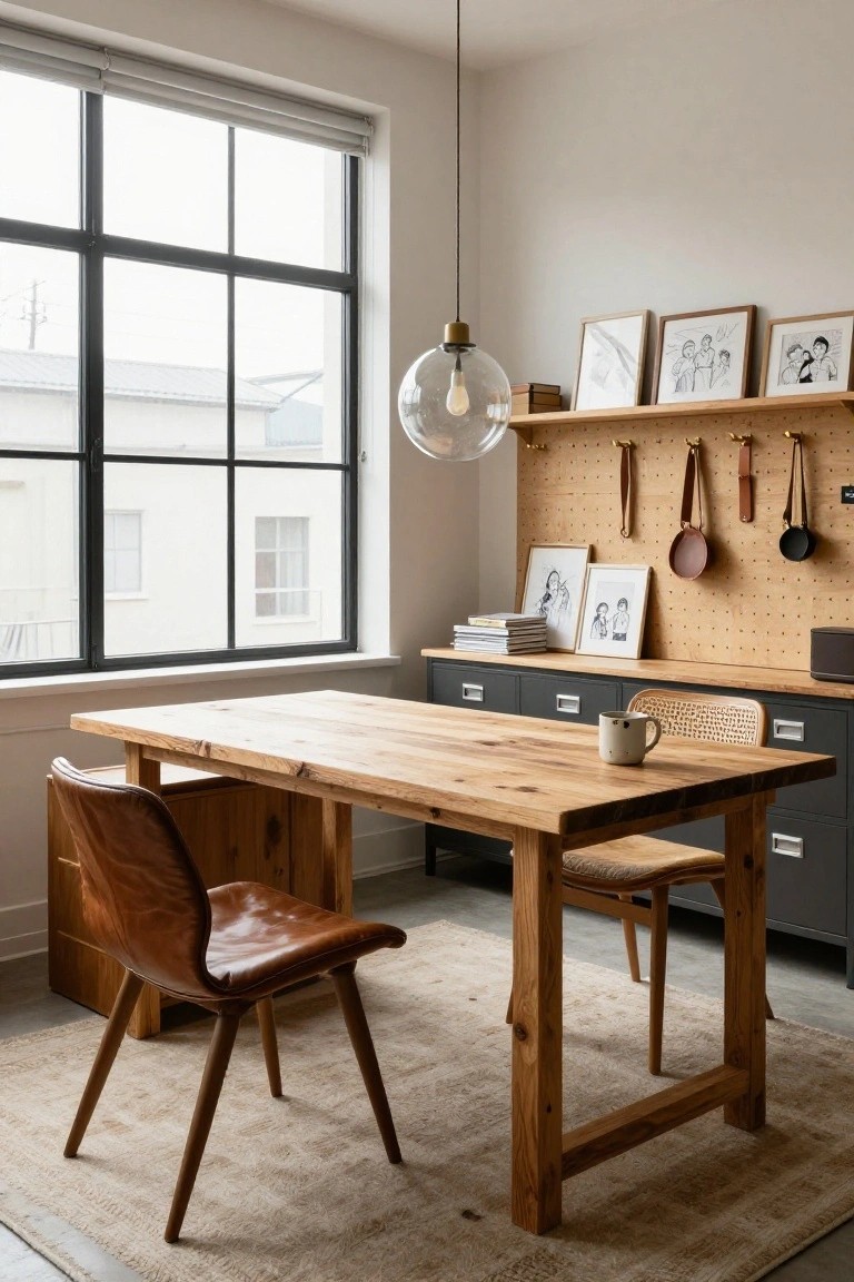 Light-filled home office with wooden desk, brown leather chair, pegboard wall with hanging leather straps and utensils, wooden shelves holding books and frames, gray cabinets, and large window with blinds.