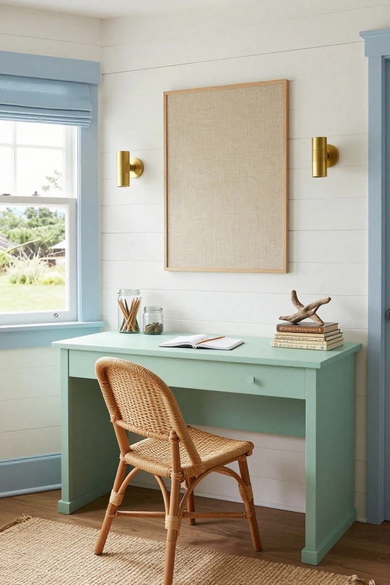 A home office with white shiplap walls, a mint green wooden desk holding an open notebook, pencil jar, small jar, and stacked books, paired with a rattan armchair, beside a beige framed bulletin board, gold sconces, and a window with blue roman shade overlooking greenery.