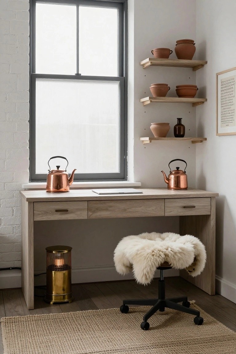 Corner home office with light wood open shelves displaying terracotta pots and bowls, a desk holding two copper kettles and a laptop, swivel chair with white fur cover, brass floor lamp, seagrass rug, white brick wall, and large window.